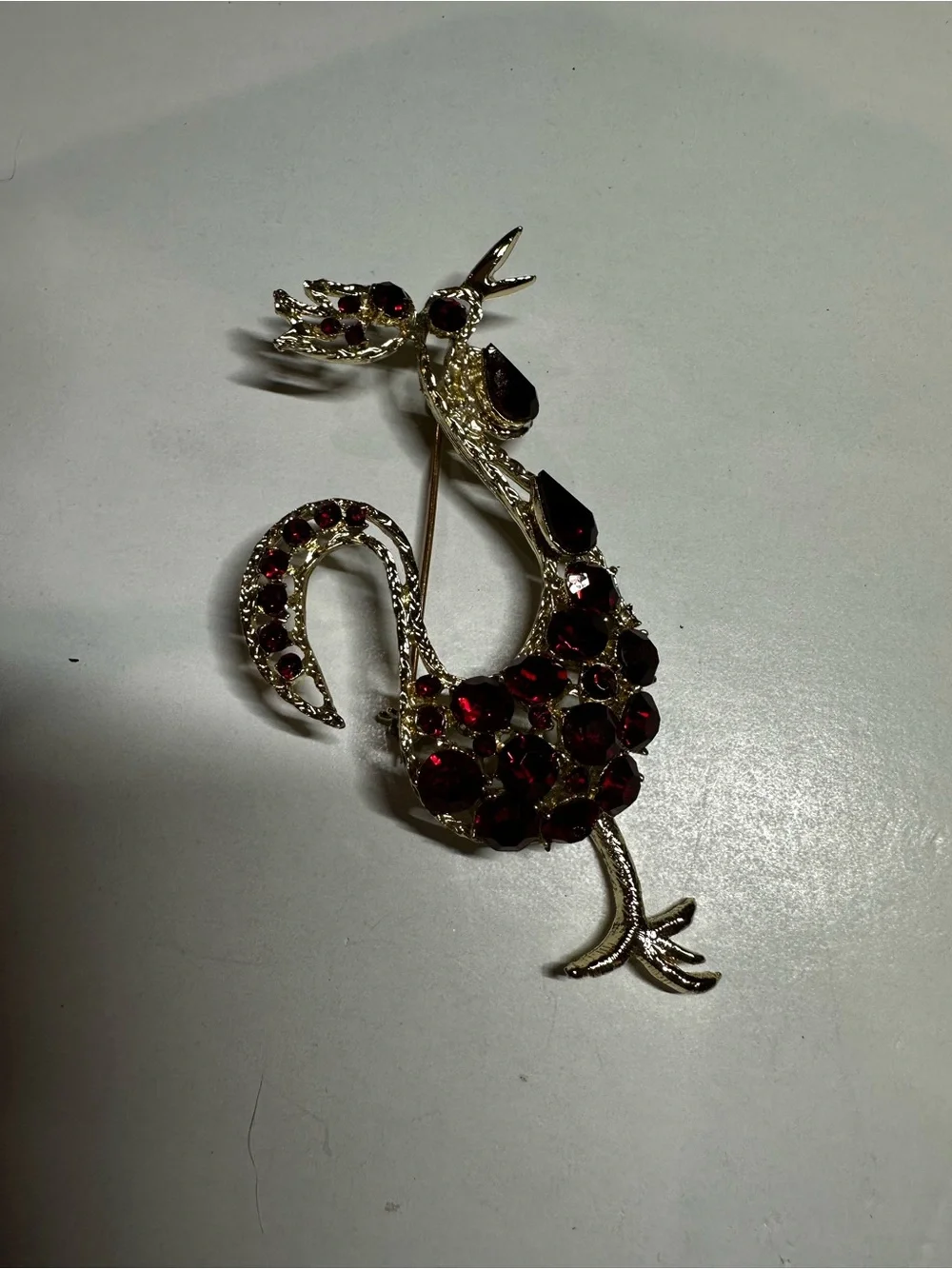 Vintage 1970s Ruby Red Glass Rhinestone Roadrunner Bird Brooch Pin - Textured Go